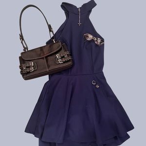 High collar backless layered navy mini dress